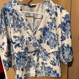SHEIN Floral Wrap Blouse in Blue and White